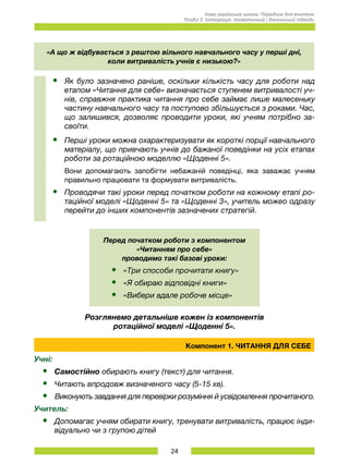 24
Нова українська школа. Порадник для вчителя.
Розділ 5. Інтеграція: тематичний і діяльнісний підходи.
«А що ж відбувається з рештою вільного навчального часу у перші дні,
коли витривалість учнів є низькою?»
•	 Як було зазначено раніше, оскільки кількість часу для роботи над
етапом «Читання для себе» визначається ступенем витривалості уч-
нів, справжня практика читання про себе займає лише малесеньку
частину навчального часу та поступово збільшується з роками. Час,
що залишився, дозволяє проводити уроки, які учням потрібно за-
своїти.
•	 Перші уроки можна охарактеризувати як короткі порції навчального
матеріалу, що привчають учнів до бажаної поведінки на усіх етапах
роботи за ротаційною моделлю «Щоденні 5».
Вони допомагають запобігти небажаній поведінці, яка заважає учням
правильно працювати та формувати витривалість.
•	 Проводячи такі уроки перед початком роботи на кожному етапі ро-
таційної моделі «Щоденні 5» та «Щоденні 3», учитель можео одразу
перейти до інших компонентів зазначених стратегій.
Перед початком роботи з компонентом
«Читанням про себе»
проводимо такі базові уроки:
•	 «Три способи прочитати книгу»
•	 «Я обираю відповідні книги»
•	 «Вибери вдале робоче місце»
Розглянемо детальніше кожен із компонентів
ротаційної моделі «Щоденні 5».
Компонент 1. ЧИТАННЯ ДЛЯ СЕБЕ
Учні:
•	 Самостійно обирають книгу (текст) для читання.
•	 Читають впродовж визначеного часу (5-15 хв).
•	 Виконують завдання для перевірки розуміння й усвідомлення прочитаного.
Учитель:
•	 Допомагає учням обирати книгу, тренувати витривалість, працює інди-
відуально чи з групою дітей
 