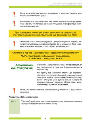 9
Нова українська школа. Порадник для вчителя.
Розділ 5. Інтеграція: тематичний і діяльнісний підходи.
Після мозкової атаки учитель повідомляє, з якою інформацією учні
мають знайомитися на уроці.
Аналізуючи все, що повідомили учні з теми, вчитель може зрозуміти,
який навчальний матеріал вони засвоїли добре, яка інформація зали-
шилася поза увагою.
При проведенні «мозкової атаки» запитання не ставляться! 	
Учні мають самостійно пригадати все, що вони знають з теми.
«Мозкова атака» використовується і для розв’язування завдань, які
потребують обговорення різних підходів до їх вирішення. Така «моз-
кова атака» має іншу мету і, відповідно, інший результат.
Чи потрібно під час «мозкової атаки» задавати учням запитання?
Ні. Учні пригадують інформацію у тому порядку 	
і в тій кількості, на яку спроможні.
Асоціативний
кущ (гронування)
Стратегія «Асоціативний кущ» використовується
для «входження» в тему, яка буде розглядатися у
подальшому.
На відміну від «мозкової атаки», де висловле-
ні думки стосуються інформації з приводу певної
теми (пригадайте, що ви ЗНАЄТЕ) метод «ґрону-
вання» спонукає учнів думати вільно та відкрито
стосовно певного предмета, образа, теми, вклю-
чаючи почуття, емоції, ставлення.
Отже, цей метод стимулює нелінійну форму мислення — асоціативне
мислення.
Алгоритм роботи за стратегією
Крок 1. Учитель (учень) пише тему — центральне слово (словосполучення чи
фразу) посередині аркуша або на дошці.
 