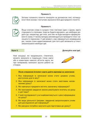 10
Нова українська школа. Порадник для вчителя.
Розділ 6. Тематичне навчання: Планування тематичного навчання.
Правило 3.
Зв’язки головного поняття показуйте за допомогою лінії, потовщу-
ючи її біля основи і поступово звужуючи біля другорядного поняття.
Правило 4.
Якщо ключові слова із сусідніх гілок пов’язані один з одним, варто
з’єднувати їх стрілками. Іноді ви будете відчувати, що необхідно до-
дати ще, наприклад, дві гілки, але ніяк не буде виходити сформулю-
вати їх назва. У такому випадку рекомендується проводити гілки і за-
лишати їх порожніми. У цей момент у вас сформується незавершена
дія, і мозок стане надмотивований, для того щоб заповнити ці гілки і
запропонувати необхідні ідеї.
Крок 5. Дописуйте нові ідеї.
Нові асоціації, які продовжують з’являтися,
можете зазначати в подальших гілках карти
або в коментарях навколо об’єктів карти, які
при паперовому написанні зручно робити на
стікерах.
Після створення Інтелект-карти дайте відповіді на запитання:
1.	 Яка інформація із записаної може стати цікавою учням,
доступною для їх віку?
2.	 Яка інформація із записаної може стати змістовим напов-
ненням уроку?
3.	 Які навчальні предмети містять зазначену інформацію?
4.	 Які програмові завдання зможе реалізувати вчитель на уроці
з цієї теми?
5.	 У якій послідовності учні знайомитимуться з цією інформацією
на уроці?
6.	 Які види діяльності (вправи, завдання) запропонувати учням
для дослідження цієї інформації?
7.	 Які ресурси потрібно залучити для підготовки до уроку?
 