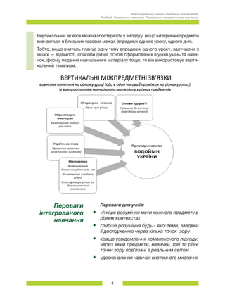 4
Нова українська школа. Порадник для вчителя.
Розділ 6. Тематичне навчання: Планування тематичного навчання.
Вертикальний зв’язок можна спостерігати у випадку, якщо інтегровані предмети
вивчаються в близьких часових межах (впродовж одного уроку, одного дня).
Тобто, якщо вчитель планує одну тему впродовж одного уроку, залучаючи з
інших — відомості, способи дій на основі сформованих в учнів умінь та нави-
чок, форму подання навчального матеріалу тощо, то він використовує верти-
кальний тематизм.
Переваги
інтегрованого
навчання
Переваги для учнів:
•	 чіткіше розуміння мети кожного предмету в
різних контекстах
•	 глибше розуміння будь - якої теми, завдяки
її дослідженню через кілька точок  зору
•	 краще усвідомлення комплексного підходу,
через який предмети, навички, ідеї та різні
точки зору пов’язані з реальним світом
•	 удосконалення навичок системного мислення
 