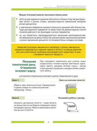 6
Нова українська школа. Порадник для вчителя.
Розділ 6. Тематичне навчання: Планування тематичного навчання.
Процес інтеграції вимагає виконання певних умов:
•	 об’єкти дослідження однакові або досить близькі (тоді ми досліджу-
ємо об’єкт з різних сторін, використовуючи навчальний матеріал
різних дисциплін);
•	 у навчальних предметах використовуються однакові або близькі ме-
тоди дослідження предметів та явищ (тоді ми демонструємо спосіб
пізнання дійсності на прикладах з різних предметів);
•	 те, що пізнається, підпорядковується загальним закономірностям,
які вивчаються на уроці (тобто ми узагальнюємо навчальний матеріал
з різних навчальних дисциплін та пізнаємо більш складну систему).
Зазвичай інтеграція навчального матеріалу з різних навчальних
предметів відбувається навколо певного об’єкту чи явища довкілля,
або для розв’язання проблеми міжпредметного характеру чи для
створення творчого продукту.
Плануємо
тематичний день.
Створюємо
інтелект-карту.
При плануванні тематичного дня учитель може
скористатися інтелект-картою (ментальна кар­та,
карта пам’яті, діаграма зв’язків тощо) — метод
структуризації концепцій з використанням графіч-
ного запису.
АЛГОРИТМ СТВОРЕННЯ ІНТЕЛЕКТ-КАРТИ ТЕМАТИЧНОГО ДНЯ
Крок 1. Увага на ключове поняття!
Оберіть тему тематичного дня. Сформулюйте
її одним словом чи словосполученням.
Наприклад: «Папір».
Крок 2. Починайте роботу з центру.
Напишіть центральне поняття – назву об’єкта
чи явища (про які ви будете створювати карту)
посередині аркуша. Можна намалювати малю-
нок до цього поняття.
 
