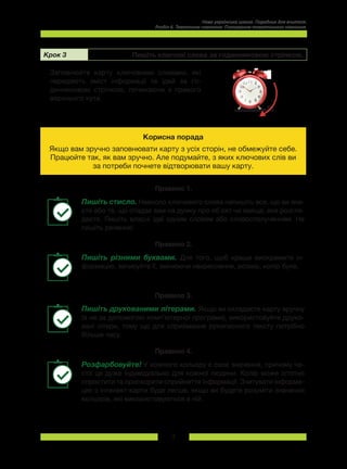 7
Нова українська школа. Порадник для вчителя.
Розділ 6. Тематичне навчання: Планування тематичного навчання.
Крок 3 Пишіть ключові слова за годинниковою стрілкою.
Заповнюйте карту ключовими словами, які
передають зміст інформації та ідей за го-
динниковою стрілкою, починаючи з правого
верхнього кута.
Корисна порада
Якщо вам зручно заповнювати карту з усіх сторін, не обмежуйте себе.
Працюйте так, як вам зручно. Але подумайте, з яких ключових слів ви
за потреби почнете відтворювати вашу карту.
Правило 1.
Пишіть стисло. Навколо ключового слова напишіть все, що ви зна-
єте або те, що спадає вам на думку про об’єкт чи явище, яке розгля-
даєте. Пишіть власні ідеї одним словом або словосполученням. Не
пишіть речення!
Правило 2.
Пишіть різними буквами. Для того, щоб краще виокремити ін-
формацію, записуйте її, змінюючи накреслення, розмір, колір букв.
Правило 3.
Пишіть друкованими літерами. Якщо ви складаєте карту вручну
(а не за допомогою комп’ютерної програми), використовуйте друко-
вані літери, тому що для сприймання рукописного тексту потрібно
більше часу.
Правило 4.
Розфарбовуйте! У кожного кольору є своє значення, причому ча-
сто це дуже індивідуально для кожної людини. Колір може істотно
спростити та прискорити сприйняття інформації. Зчитувати інформа-
цію з інтелект-карти буде легше, якщо ви будете розуміти значення
кольорів, які використовуються в ній.
 