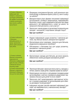 14
Нова українська школа. Порадник для вчителя.
Розділ 8. Співпраця з батьками
3.Учителі збирають
інформацію про
інтереси, захоплення,
культурні особливості
та професії членів родин,
а також заохочують
їхню участь у роботі
класу/школи.
•	 Проводжу опитування батьків, щоб дізнатися про
їхній досвід та бажання брати участь у житті класу
чи школи?
•	 Використовую різні форми письмової інформації
(оголошення, особисті запрошення, інформаційні
бюлетені тощо), щоб повідомити батьків про види
діяльності, які відбуваються у класі чи школі, та
запросити батьків взяти у них участь?
•	 Заохочую членів родин в організації позашкільних
заходів – екскурсій, спортивних заходів тощо?
Що ще я роблю? ______________________________
_______________________________________________
4.Учителі поділяють
з батьками
відповідальність за
процес прийняття
рішень щодо навчання
їхніх дітей.
•	 Надаю інформацію щодо розвитку і навчання ди-
тини, яку батьки можуть використати вдома?
•	 Організовую різні семінари, тренінги для батьків,
моделюючи вирішення проблем?
•	 Обговорюю з батьками їхні цілі щодо розвитку,
виховання і навчання дітей?
Що ще я роблю? ______________________________
_______________________________________________
5.Учителі надають
батькам можливість
отримати та
обмінятися інформацією
щодо догляду за дітьми,
особливості їхнього
розвитку тощо.
•	 Організовую заходи для батьків, де вони можуть
обмінятися своїм досвідом виховання дітей?
Що ще я роблю? ______________________________
_______________________________________________
6.Учителі допомагають
батькам в отриманні
додаткової підтримки
(послуг) для їхніх дітей.
•	 Пропоную батькам і заохочую їхню участь у заходах з
питань захисту прав дітей, зокрема права на освіту?
•	 Налагоджую контакти з місцевими громадськими
організаціями з метою отримання додаткової під-
тримки (послуг) для дітей та їхніх сімей?
•	 Заохочую сім’ї налагоджувати партнерські зв’яз-
ки з іншими родинами та організаціями для обмі-
ну досвідом та ресурсами?
•	 Інформую місцеві засоби масової інформації про
події, що відбуваються у навчальному закладі?
Що ще я роблю? ______________________________
_______________________________________________
 