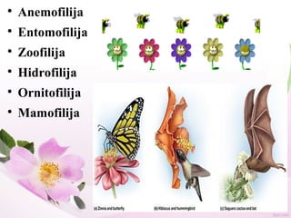 
Anemofilija

Entomofilija

Zoofilija

Hidrofilija

Ornitofilija

Mamofilija
 