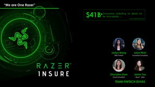 I N S U R E
“We are One Razer”
* Source: FRANK OCBC, 2016
$41B*Insurance industry is about to
be disrupted...
Jaslyn Wang
SMU Fintech
Jolyn Moh
Functional Consultant
Charlotte Chan
Cloud Consultant
Joline Tee
Bosch - Sales
 