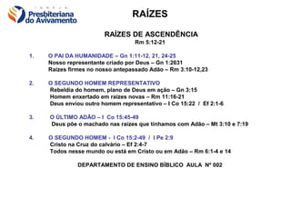 RAÍZES

                        RAÍZES DE ASCENDÊNCIA
                                   Rm 5:12-21

1.   O PAI DA HUMANIDADE – Gn 1:11-12, 21, 24-25
     Nosso representante criado por Deus – Gn 1:2631
     Raízes firmes no nosso antepassado Adão – Rm 3:10-12,23

2.   O SEGUNDO HOMEM REPRESENTATIVO
     Rebeldia do homem, plano de Deus em ação – Gn 3:15
     Homem enxertado em raízes novas – Rm 11:16-21
     Deus enviou outro homem representativo – I Co 15:22 / Ef 2:1-6

3.   O ÚLTIMO ADÃO – I Co 15:45-49
     Deus põe o machado nas raízes que tínhamos com Adão – Mt 3:10 e 7:19

4.   O SEGUNDO HOMEM - I Co 15:2-49 / I Pe 2:9
     Cristo na Cruz do calvário – Ef 2:4-7
     Todos nesse mundo ou está em Cristo ou em Adão – Rm 6:1-4 e 14

               DEPARTAMENTO DE ENSINO BÍBLICO AULA Nº 002
 