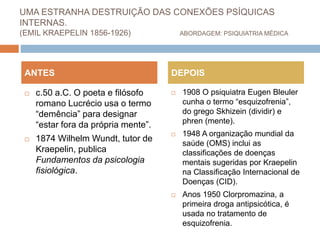UMA ESTRANHA DESTRUIÇÃO DAS CONEXÕES PSÍQUICAS
INTERNAS.
(EMIL KRAEPELIN 1856-1926) ABORDAGEM: PSIQUIATRIA MÉDICA
 c.50 a.C. O poeta e filósofo
romano Lucrécio usa o termo
“demência” para designar
“estar fora da própria mente”.
 1874 Wilhelm Wundt, tutor de
Kraepelin, publica
Fundamentos da psicologia
fisiológica.
 1908 O psiquiatra Eugen Bleuler
cunha o termo “esquizofrenia”,
do grego Skhizein (dividir) e
phren (mente).
 1948 A organização mundial da
saúde (OMS) inclui as
classificações de doenças
mentais sugeridas por Kraepelin
na Classificação Internacional de
Doenças (CID).
 Anos 1950 Clorpromazina, a
primeira droga antipsicótica, é
usada no tratamento de
esquizofrenia.
ANTES DEPOIS
 