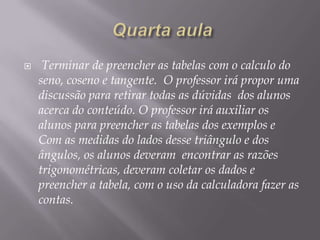 

Terminar de preencher as tabelas com o calculo do
seno, coseno e tangente. O professor irá propor uma
discussão para retirar todas as dúvidas dos alunos
acerca do conteúdo. O professor irá auxiliar os
alunos para preencher as tabelas dos exemplos e
Com as medidas do lados desse triângulo e dos
ângulos, os alunos deveram encontrar as razões
trigonométricas, deveram coletar os dados e
preencher a tabela, com o uso da calculadora fazer as
contas.

 