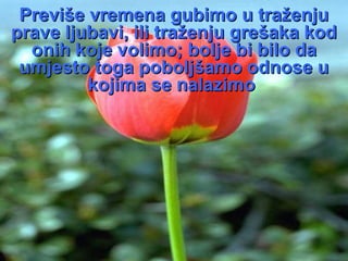 Previše vremena gubimo u traženju prave ljubavi, ili traženju grešaka kod onih koje volimo; bolje bi bilo da   umjesto toga  poboljšamo odnose u kojima se nalazimo   
