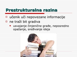 Prestrukturalna razina učenik uči nepovezane informacije ne traži bit gradiva usvajanje činjenične građe, neposredno opažanje, sređivanje ideja 