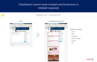 18
Razširjen vpis – profil (primer)
Z Razširjenim vpisom boste izstopali pred konkurenco in
izboljšali rangiranje
Dodatni podatki:
• video
• slike
• povezave
• ključne besede
• logotip
• itd.
Brez Z Razširjenim vpisom
 
