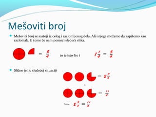 Mešoviti broj
 Mešoviti broj se sastoji iz celog i razlomljenog dela. Ali i njega možemo da zapišemo kao
   razlomak. U tome će nam pomoći sledeća slika.



                                     to je isto što i



 Slično je i u sledećoj situaciji
 