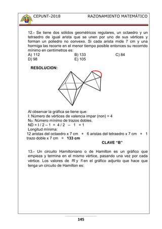 CEPUNT-2018 RAZONAMIENTO MATEMÁTICO
145
12.- Se tiene dos sólidos geométricos regulares, un octaedro y un
tetraedro de igual arista que se unen por uno de sus vértices y
forman un poliedro no convexo. Si cada arista mide 7 cm y una
hormiga las recorre en el menor tiempo posible entonces su recorrido
mínimo en centímetros es:
A) 112 B) 133 C) 84
D) 98 E) 105
RESOLUCION:
Al observar la gráfica se tiene que:
I: Número de vértices de valencia impar (non) = 4
ND: Número mínimo de trazos dobles.
ND = I / 2 – 1 = 4 / 2 – 1 = 1
Longitud mínima:
12 aristas del octaedro x 7 cm + 6 aristas del tetraedro x 7 cm + 1
trazo doble x 7 cm = 133 cm
CLAVE “B”
13.- Un circuito Hamiltoniano o de Hamilton es un gráfico que
empieza y termina en el mismo vértice, pasando una vez por cada
vértice. Los valores de m y nen el gráfico adjunto que hace que
tenga un circuito de Hamilton es:
 
