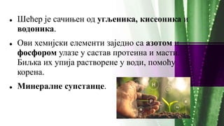  Шећер је сачињен од угљеника, кисеоника и
водоника.
 Ови хемијски елементи заједно са азотом и
фосфором улазе у састав протеина и масти.
Биљка их упија растворене у води, помоћу
корена.
 Минералне супстанце.
 