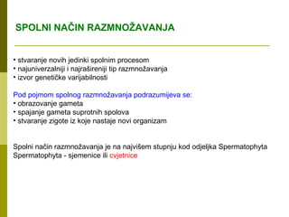 SPOLNI NAČIN RAZMNOŽAVANJA


• stvaranje novih jedinki spolnim procesom
• najuniverzalniji i najrašireniji tip razmnožavanja
• izvor genetičke varijabilnosti

Pod pojmom spolnog razmnožavanja podrazumijeva se:
• obrazovanje gameta
• spajanje gameta suprotnih spolova
• stvaranje zigote iz koje nastaje novi organizam


Spolni način razmnožavanja je na najvišem stupnju kod odjeljka Spermatophyta
Spermatophyta - sjemenice ili cvjetnice
 