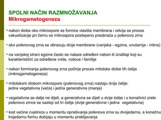SPOLNI NAČIN RAZMNOŽAVANJA
 Mikrogametogeneza

• nakon diobe oko mikrospore se formira vlastita membrana i odvija se proces
  vakuolizacije pri čemu se mikrospora postepeno preobraća u polenovo zrno

• oko polenovog zrna se obrazuju dvije membrane (vanjska - egzina, unutarnja - intina)

• na vanjskoj strani egzine često se nalaze određeni nabori ili izraštaji koji su
  karakteristični za određene vrste, rodove i familije

• nakon formiranja polenovog zrna počinje proces mitotske diobe tih ćelija
  (mikrogametogeneza)

• mitotskom diobom mikrospore (polenovog zrna) nastaju dvije ćelije:
  jedna vegetativna (veća) i jedna generativna (manja)

• vegetativna se dalje ne dijeli, a generativna se dijeli u dvije ćelije i u konačnici zrelo
  polenovo zrnce se sastoji od tri ćelije (dvije generativne i jedna vegetativna)

• kod većine cvjetnica u momentu oprašivanja polenova zrna su dvojedarna, a konačnu
  trojedarnu formu dobijaju u momentu proklijavanja
 