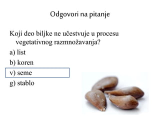 Odgovori na pitanje
Koji deo biljke ne učestvuje u procesu
vegetativnog razmnožavanja?
a) list
b) koren
v) seme
g) stablo
 