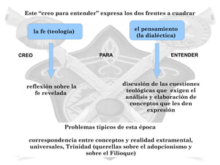 Este “creo para entender” expresa los dos frentes a cuadrar


       la fe (teología)                   el pensamiento
                                           (la dialéctica)


CREO                          PARA                     ENTENDER




  reflexión sobre la                  discusión de las cuestiones
     fe revelada                       teológicas que exigen el
                                       análisis y elaboración de
                                         conceptos que les den
                                               expresión


                   Problemas típicos de esta época

  correspondencia entre conceptos y realidad extramental,
  universales, Trinidad (querellas sobre el adopcionismo y
                     sobre el Filioque)
 