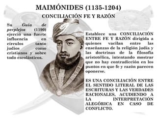 MAIMÓNIDES (1135-1204)
                CONCILIACIÓN FE Y RAZÓN
Su      Guía     de
perplejos    (1190)
ejerció una fuerte           Establece una CONCILIACIÓN
influencia       en          ENTRE FE Y RAZÓN dirigida a
círculos      tanto          quienes     vacilan   entre   las
judíos        como           enseñanzas de la religión judía y
cristianos y sobre           las doctrinas de la filosofía
todo escolásticos.           aristotélica, intentando mostrar
                             que no hay contradicción en los
                             puntos en que fe y razón parecen
                             oponerse.

                             ES UNA CONCILIACIÓN ENTRE
                             EL SENTIDO LITERAL DE LAS
                             ESCRITURAS Y LAS VERDADES
                             RACIONALES, ACUDIENDO A
                             LA         INTERPRETACIÓN
                             ALEGÓRICA EN CASO DE
                             CONFLICTO.
 