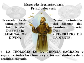 Escuela franciscana
                     Principales tesis


 1- excelencia del                  2- reconocimiento
   conocimiento                     del ascenso del
    intuitivo de                    hombre      hacia
    Dios y de la                    Dios
  ILUMINACIÓN                       (ITINERARIO DE
      DIVINA                        LA MENTE)



3- LA TEOLOGÍA ES LA CIENCIA SAGRADA y
suprema: todas las ciencias y artes son símbolos de la
realidad sagrada.
 