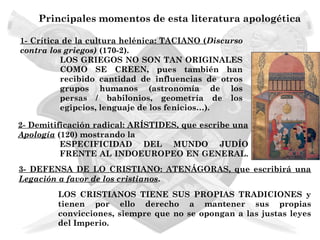 Principales momentos de esta literatura apologética

1- Crítica de la cultura helénica: TACIANO (Discurso
contra los griegos) (170-2).
          LOS GRIEGOS NO SON TAN ORIGINALES
          COMO SE CREEN, pues también han
          recibido cantidad de influencias de otros
          grupos humanos (astronomía de los
          persas / babilonios, geometría de los
          egipcios, lenguaje de los fenicios…).

2- Demitificación radical: ARÍSTIDES, que escribe una
Apología (120) mostrando la
          ESPECIFICIDAD DEL MUNDO JUDÍO
          FRENTE AL INDOEUROPEO EN GENERAL.
3- DEFENSA DE LO CRISTIANO: ATENÁGORAS, que escribirá una
Legación a favor de los cristianos.
         LOS CRISTIANOS TIENE SUS PROPIAS TRADICIONES y
         tienen por ello derecho a mantener sus propias
         convicciones, siempre que no se opongan a las justas leyes
         del Imperio.
 