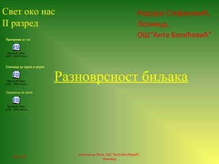 Разноврсност биљака
Радојка Стефановић,
Лозница,
ОШ“Анта Богићевић"
Свет око нас
II разред
06.12.16.
учитељица Лала, ОШ "Анта Богићевић",
Лозница
Microsoft Office
Word 97 - 2003 Document
Припрема за час
Microsoft Office
Word 97 - 2003 Document
Сличице за групе и клупе
Microsoft Office
Word 97 - 2003 Document
Задужења за групе
 