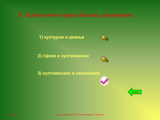 06.12.16. учитељица Лала, ОШ "Анта Богићевић", Лозница
В. Према начину гајења биљака, разликујемо:
1) културне и дивље
2) гајене и култивисане
3) култивисане и самоникле
назад
 
