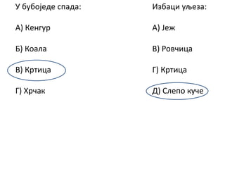 У бубпјeдe спада:
А) Кeнгур
Б) Кпала
В) Кртица
Г) Хрчак
Избаци уљeза:
А) Јeж
В) Рпвчица
Г) Кртица
Д) Слeпп кучe
