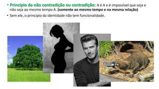 • Princípio da não contradição ou contradição: A é A e é impossível que seja e
não seja ao mesmo tempo A. (somente ao mesmo tempo e na mesma relação)
• Sem ele, o principio da identidade não tem funcionalidade.
 