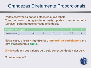 Grandezas Diretamente Proporcionais
Número de embalagens (x) 1 2 3 4 5 6
Custo em euros (y) 0,5 1 1,5 2 2,5 3
Podes escrever os dados anteriores numa tabela.
Como o valor das grandezas varia, podes usar uma letra
(variável) para representar cada uma delas.
Neste caso, a letra x representa o número de embalagens e a
letra y representa o custo.
Divide cada um dos valores de y pelo correspondente valor de x.
O que observas?
 