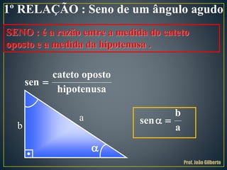 1º RELAÇÃO : Seno de um ângulo agudo
SENO : é a razão entre a medida do cateto
oposto e a medida da hipotenusa .
cateto oposto
sen
hipotenusa

a
b
b
sen
a
 

Prof. João Gilberto
 