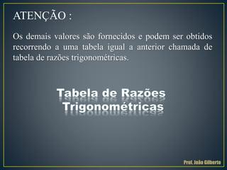 ATENÇÃO :
Os demais valores são fornecidos e podem ser obtidos
recorrendo a uma tabela igual a anterior chamada de
tabela de razões trigonométricas.
Prof. João Gilberto
 