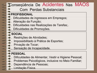Conseqüência  De  Acidentes   Nas   MÃOS  Com  Perdas Substanciais PROFISSIONAL .  Dificuldades de ingressos em Empregos; .  Alteração da Função; .  Dificuldades nas Realizações de Tarefas;.  .  Dificuldades de Promoções.   SOCIAL .  Restrições de Atividades; .  Impossibilitado à Prática de Esportes; .  Privação de Tocar; .  Sensação de Incapacidade. PESSOAL .  Dificuldades de Alimentar, Vestir e Higiene Pessoal; .  Problemas Psicológicos, inclusive no Meio Familiar; .  Dependência de Pessoas; .  Limitação Física. 