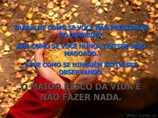 TRABALHE COMO SE VOCÊ NÃO PRECISASSE DO DINHEIRO. AME COMO SE VOCÊ NUNCA TIVESSE SIDO MAGOADO. ATUE COMO SE NINGUÉM ESTIVESSE OBSERVANDO. O MAIOR RISCO DA VIDA É NÃO FAZER NADA. 