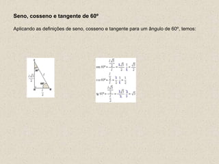 Seno, cosseno e tangente de 60º
Aplicando as definições de seno, cosseno e tangente para um ângulo de 60º, temos:
 