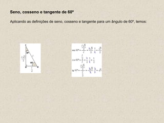 Seno, cosseno e tangente de 60º
Aplicando as definições de seno, cosseno e tangente para um ângulo de 60º, temos:
 