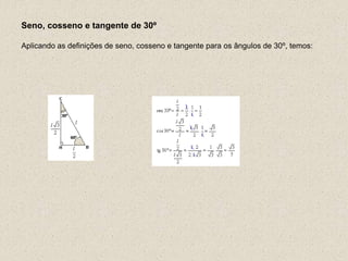 Seno, cosseno e tangente de 30º
Aplicando as definições de seno, cosseno e tangente para os ângulos de 30º, temos:
 