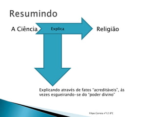 A Ciência         Explica                   Religião




            Explicando através de fatos “acreditáveis”, ás
            vezes esgueirando-se do “poder divino”



                                      Filipe Correia nº12 8ºC
 