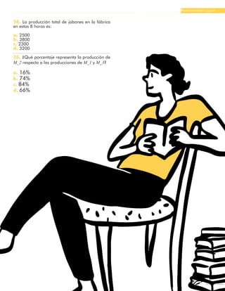 19
Razonamiento Lógico
14. La producción total de jabones en la fábrica
en estas 8 horas es:
a. 2500
b. 3800
c. 2300
d. 3200
15. ¿Qué porcentaje representa la producción de
M_2 respecto a las producciones de M_1 y M_3?
a. 16%
b. 74%
c. 84%
d. 66%
 