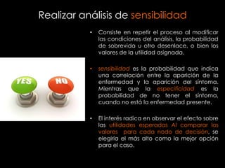 Realizar análisis de sensibilidad
           •   Consiste en repetir el proceso al modificar
               las condiciones del análisis, la probabilidad
               de sobrevida u otro desenlace, o bien los
               valores de la utilidad asignada.

           •   sensibilidad es la probabilidad que indica
               una correlación entre la aparición de la
               enfermedad y la aparición del síntoma.
               Mientras que la especificidad es la
               probabilidad de no tener el síntoma,
               cuando no está la enfermedad presente.

           •   El interés radica en observar el efecto sobre
               las utilidades esperadas Al comparar los
               valores para cada nodo de decisión, se
               elegiría el más alto como la mejor opción
               para el caso.
 