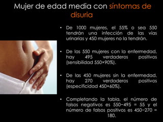 Mujer de edad media con síntomas de
              disuria
           • De 1000 mujeres, el 55% o sea 550
             tendrán una infección de las vías
             urinarias y 450 mujeres no la tendrán.

           • De las 550 mujeres con la enfermedad,
             hay       495    verdaderos    positivos
             (sensibilidad 550×90%).

           • De las 450 mujeres sin la enfermedad,
             hay      270    verdaderos     positivos
             (especificidad 450×60%).

           • Completando la tabla, el número de
             falsos negativos es 550−495 = 55 y el
             número de falsos positivos es 450−270 =
                               180.
 