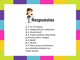 Respuestas
1. C. X= 37,5 Horas
2. C. Integración por sustitución
3. D. 6SenA=SenC
4. A. Trazar la gráfica, determinar
puntos de corte e integrar.
5. D. 68:00
6. C. 40 m/s
7. D. falsa, ya que caminando a
esa velocidad emplearía un
mayor tiempo.
 