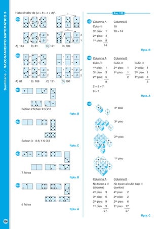 Santillana/RAZONAMIENTOMATEMÁTICO3
106
Halla el valor de (a + b + c + d)2
.
●159
A) 144 B) 81 C) 121 D) 100
●160
A) 81 B) 169 C) 121 D) 100
PÁG. 152
●165 Columna A Columna B
Cubo ➀ 18
3er
piso: 1 18 > 14
2do
piso: 4
1er
piso: 9
14
Rpta. B
●166 Columna A Columna B
Cubo ➀ Cubo ➁ Cubo ➂
4to
piso: 1 2do
piso: 1 3er
piso: 1
3er
piso: 3 1er
piso: 1 2do
piso: 1
2do
piso: 5 2 1er
piso: 3
9 5
2 + 5 = 7
9 > 7
Rpta. A
●167
Columna A Columna B
No tocan a ➁ No tocan al cubo bajo ➀
(círculos) (puntos)
4to
piso: 3 4to
piso: 2
3er
piso: 6 3er
piso: 2
2do
piso: 9 2do
piso: 6
1er
piso: 9 1er
piso: 17
27 27
Rpta. C
●161
Sobran 2 ﬁchas: 2-5; 2-6
Rpta. B
●162
Sobran 3: 6-6; 1-6; 3-3
Rpta. C
●163
7 ﬁchas
Rpta. B
●164
6 ﬁchas
Rpta. A
1er
piso
4to
piso
2do
piso
3er
piso
a
b
c
d
4 2
22
+1 –2
+1 +1
+1 –2
+1 +1
– =
+ =
– =
+ =
=
a
b
c
d
6 3
11
+1
–1
=
1
2
 