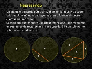 Regresando
Un ejemplo clásico de cómo el razonamiento inductivo puede
fallar es el del número de regiones que se forman al construir
cuerdas en un círculo.
Cuando dos puntos sobre una circunferencia se unen mediante
un segmento de recta, se forma una cuerda. Elija un solo punto
sobre una circunferencia
 