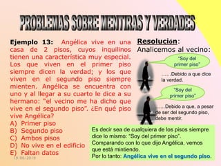 19/06/2019
Ejemplo 13: Angélica vive en una
casa de 2 pisos, cuyos inquilinos
tienen una característica muy especial.
Los que viven en el primer piso
siempre dicen la verdad; y los que
viven en el segundo piso siempre
mienten. Angélica se encuentra con
uno y al llegar a su cuarto le dice a su
hermano: “el vecino me ha dicho que
vive en el segundo piso”. ¿En qué piso
vive Angélica?
A) Primer piso
B) Segundo piso
C) Ambos pisos
D) No vive en el edificio
E) Faltan datos
Resolución:
Analicemos al vecino:
“Soy del
primer piso”
“Soy del
primer piso”
……Debido a que dice
la verdad.
……Debido a que, a pesar
de ser del segundo piso,
debe mentir.
Es decir sea de cualquiera de los pisos siempre
dice lo mismo: “Soy del primer piso”.
Comparando con lo que dijo Angélica, vemos
que está mintiendo.
Por lo tanto: Angélica vive en el segundo piso.
 