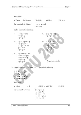 Universidad Nacional Jorge Basadre Grohmann                                                         Lógica




   Son ciertas:

   a) Todos         b) Ninguna            c) ii, iii, iv         d) i, ii, iv       e) iii, iv, v

   Del enunciado se obtiene:              [~ ( p ∧ ~q) ∨ r ]
                                          ~p∨q∨r

   De los enunciados se obtiene:

   i.      [ r ∨ (~p ∨ q) ]                                ii.   [(~ p ∨ q) ∨ r ]
           r ∨ ~p ∨ q                                            ~p∨q∨r
           ~p∨q∨r

   iii.    ~ [(~ q ∧ p) ∧ ~ r]                             iv.   ~[~(~p ∨ q) ∧ ~ r ]
           ~ (~ q ∧ p) ∨ r                                       ~[( p ∧ ~ q) ∧ ~ r ]
           (~ ~ q ∨ ~ p) ∨ r                                     ~ ( p ∧ ~ q) ∨ r
           q∨~p∨r                                                ( ~ p ∨ q) ∨ r
           ~p∨q∨r                                                ~p∨q∨ r

   v.      ~ [~ r ∧ ( ~q ∧ p )]
           ~ ~ r ∨ ~ ( ~q ∧ p )
           r ∨ ( ~ ~q ∨ ~ p )
           r∨q∨~p
           ~p∨q∨r                                                 Respuesta: a) todas


3. :Sea el esquema:       [(p        q)   r]     sus equivalencias son:

   i.     (~q ~p)     r
   ii.    (~q ~p)     ~r
   iii.   ~r ~ (p     q)
   iv.    ~r ~(~q      ~p)
   v.     ~r ~ (q      p)

   Son ciertas:

   a) i, iii, v           b) ii, v               c) i, iii, iv d) ii, iii, iv       e) i, ii, iii

   Del enunciado tenemos:                 [(p q) r]
                                          (~ p ∨ q ) r
                                          ~ (~ p ∨ q ) ∨ r
                                          (~ ~ p ∧ ~ q ) ∨ r
                                          (p∧~q)∨r



Centro Pre Universitario                                                                               30
 