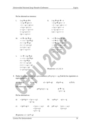 Universidad Nacional Jorge Basadre Grohmann                                       Lógica



   De las alternativas tenemos:

   i.     (~q ~p) r                            ii.   (~q ~p) ~ r
          ~ (~q ~p) ∨ r                              ~ (~q ~p) ∨ ~ r
          ~ (~ ~ q ∨ ~p) ∨ r                         ~ (~ ~ q ∨ ~p) ∨ ~ r
          ~ ( q ∨ ~p ) ∨ r                           ~ ( q ∨ ~p) ∨ ~ r
          (~q∧~~p)∨r                                 (~q∧p)∨~r
          (~q∧p)∨r                                   (p∧~q)∨~r
          (p∧~q)∨r

   iii.   ~r ~ (p q)                           iv.   ~ r ~(~q ~p)
          ~ ~ r ∨ ~ (p q)                            ~ r ~(~ ~ q ∨ ~p)
          r∨~(p q)                                   ~ r ~( q ∨ ~p )
          r∨~(~p∨q)                                  ~ ~ r ∨ ~ ( q ∨ ~p )
          r∨(p∧~q)                                   r ∨ ~ ( q ∨ ~p )
          (p∧~q)∨r                                   r∨(~q∧p)
                                                     (p∧~q)∨r

   v.     ~ r ~ (q p)
          ~ ~ r ∨ ~ (q p)
          r ∨ ~ (q p)
          r ∨ ~ ( ~ q ∨ p)
          r ∨ ( ~ ~ q ∧ ~ p)
          r ∨ ( q ∧ ~ p)
          (~p∧q)∨r                             Respuesta: c) i, iii, iv


4. Dadas las proposiciones p y q se establece: p # q ≡ p ∧ ~ q ¿Cuál de las siguientes es
   equivalente a: p ~ q?

   a) ~ (p # q)           b) ~p # q       c) ~ (p # ~q)     d) p # ~q         e) N.A.

   Del enunciado tenemos:
                                      p#q≡p∧~q                  p ~q
                                                                ~p∨~q

   De las alternativas:

   a)     ~ (p # q) ≡ ~ ( p ∧ ~ q )            b)    ~p # q ≡      ~p ∧ ~ q
                      ~p∨q

   c)     ~ (p # ~q) ≡         ~(p∧~~q)        d)    p # ~q ≡      (p∧~~q)
                               ~(p∧q)                              (p∧q)
                               ~p∨~q

   Respuesta: c) ~ (p # ~q)
Centro Pre Universitario                                                                31
 