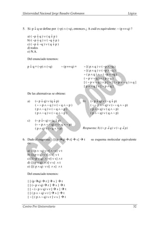 Universidad Nacional Jorge Basadre Grohmann                                              Lógica



5. Si: p ↓ q se define por (~p) ∧ (~q), entonces ¿ A cuál es equivalente: ~ (p ↔ q) ?

   a) ( ~p ↓ q ) ∨ ( q ↓ p )
   b) ( ~p ↓ q ) ∨ ( ~q ↓ p )
   c) ( ~p ↓ ~q ) ∨ ( q ↓ p )
   d) todos
   e) N.A.

   Del enunciado tenemos:

   p ↓ q ≡ (~p) ∧ (~q)          ~ (p ↔ q) ≡        ~ [( p ∧ q ) ∨ ( ~p ∧ ~q )
                                                   ~ [( p ∧ q ) ∨ ( ~p ∧ ~q )
                                                   ~ ( p ∧ q ) ∧ ~ ( ~p ∧ ~q )
                                                   (~p∨~q)∧(p∨q)
                                                   [(~p∨~q)∧p]∨[(~p∨~q)∧q]
                                                   [p∧~q]∨[~p∧q]

   De las alternativas se obtiene:

   a)    (~ p ↓ q) ∨ (q ↓ p)                       b)   (~ p ↓ q) ∨ (~ q ↓ p)
         (~~p∧~q)∨(~q∧~p)                               ( ~ ~ p ∧ ~ q) ∨ (~ ~ q ∧ ~ p)
         (p∧~q)∨(~q∧~p)                                 ( p ∧ ~ q) ∨ ( q ∧ ~ p)
         (p∧~q)∨(~q∧~p)                                 ( p ∧ ~ q) ∨ ( q ∧ ~ p)

   c)    (~ p ↓~ q) ∨ (q ↓ p)
         (~ ~ p ∧ ~ ~ q) ∨ (~ q ∧ ~ p)
         ( p ∧ q) ∨ (~ q ∧ ~ p)                    Respuesta: b) (~ p ↓ q) ∨ (~ q ↓ p)


6. Dado el esquema: {[(p          q)   r]     s}   t     su esquema molecular equivalente
   es:

   a) {[(p ∧ ~q) ∨ r] ∧ ~s} ∨ t
   b) {[(p ∨ q) ∨ r] ∧ s} ∨ t
   c){[(~p ∨ q) ∧ ~r] ∨ s} ∧ t
   d) {[(p ∨ q) ∧ r] ∨ s} ∧ t
   e) {[( p ∧ q) ∨ r] ∧ s} ∧ t

   Del enunciado tenemos:

   { [ (p q) r ] s } t
   { [ (~ p ∨ q) r ] s } t
   { [ ~ (~ p ∨ q) ∨ r ] s } t
   { [ ( p ∧ ~ q) ∨ r ] s } t
   { ~ [ ( p ∧ ~ q) ∨ r ] ∨ s } t

Centro Pre Universitario                                                                    32
 