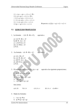 Universidad Nacional Jorge Basadre Grohmann                                              Lógica



   { [ ~ ( p ∧ ~ q) ∧ ~ r ] ∨ s } t
   { [ (~ p ∨ q) ∧ ~ r ] ∨ s } t
   ~ { [ (~ p ∨ q) ∧ ~ r ] ∨ s } ∨ t
   { ~ [ (~ p ∨ q) ∧ ~ r ] ∧ ~ s } ∨ t
   { [ ~ (~ p ∨ q) ∨ r ] ∧ ~ s } ∨ t
   { [ (p ∧ ~ q) ∨ r ] ∧ ~ s } ∨ t                    Respuesta: a) {[(p ∧ ~q) ∨ r] ∧ ~s} ∨ t


5.2. EJERCICIOS PROPUESTOS


1. La formula: ~ [(A           ~B) ∧ C],      equivale a:

   a) ~(A ~B) ∧ ~C
   b) (B ~A) ∨ ~C
   c) ~(~B A) ∨ C
   d) (~A B) ∨ ~C
   e) N.A.


2. :La formula: ~(A           ~B) ∨ ~C,       equivale a:

   a) ~(A ∧ B) ∧ C
   b) ~(A ~B) ∧ C
   c) ~(B ~A) ∧ ~C
   d) ~(B A) ∧ C
   e) N.A.


3. El esquema lógico: (p         q) ∧ (p ∧ ~p)        equivale a las siguientes proposiciones:

   i.     (p ~q) ∧ (~q ~p)
   ii.     ~p∨q
   iii.   ~[~(p q) ∧ (p ∧ ~p)]
   iv.     ~p ∧ p
   v.     (~p ∨ q) ∧ (~p ∧ p)

   Son ciertas:

   a) ii, iii      b) i, iv            c) ii, iv, v         d) i, iv, v   e) sólo v


4. Dadas las formulas:

   i. (~p ∨ q) p
   ii. (p q) ∨ (p ∧ q)
Centro Pre Universitario                                                                        33
 
