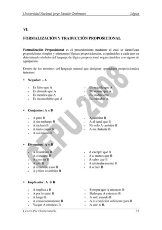 Universidad Nacional Jorge Basadre Grohmann                                     Lógica



VI.

FORMALIZACIÓN Y TRADUCCIÓN PROPOSICIONAL

Formalización Proposicional es el procedimiento mediante el cual se identifican
proposiciones simples y estructuras lógicas proposicionales, asignándoles a cada uno un
determinado símbolo del lenguaje de lógica proposicional organizándolos con signos de
agrupación.

Dentro de los términos del lenguaje natural que designan operadores proposicionales
tenemos:

   Negador: ~ A

   •   Es falso que A                         •   Es negable que A
   •   Es absurdo que A                       •   No ocurre que A
   •   Es mentira que A                       •   Es inadmisible
   •   Es inconcebible que A                  •   Es refutable A.


   Conjuntor: A ∧ B

   •   A pero B                               •   A también B
   •   A sin embargo B                        •   A al igual que B
   •   A incluso B                            •   No solo A también B
   •   A tanto como B                         •   A no obstante B.
   •   A así mismo B


   Disyuntor: A ∨ B

   •   A o también B                         •    A excepto que B
   •   A o incluso B                         •    A a menos que B
   •   A a no ser B                          •    A salvo que B
   •   A y/o B                               •    A alternativamente B
   •   A o en todo caso B                    •    A o bien B
   •   A y bien o también B


   Implicador: A      B

   •   A implica a B                          •   Siempre que A entonces B
   •   A por lo tanto B                       •   Dado que A entonces B
   •   A luego B                              •   A solo cuando B
   •   A consecuentemente B                   •   A es condición suficiente para B
   •   Ya que A entonces B                    •   A solo si B.
Centro Pre Universitario                                                             35
 